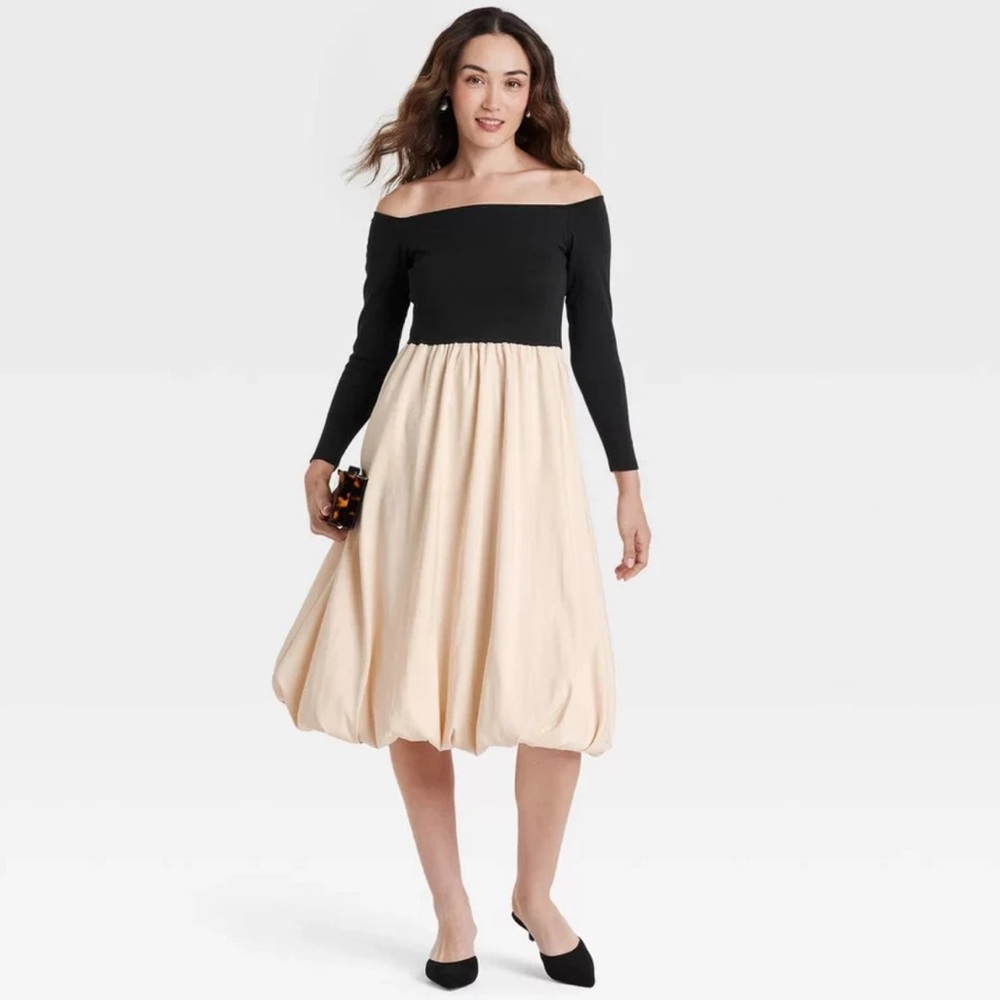 Women's Long Sleeve Midi A-Line Dress - A New Day Black/Cream